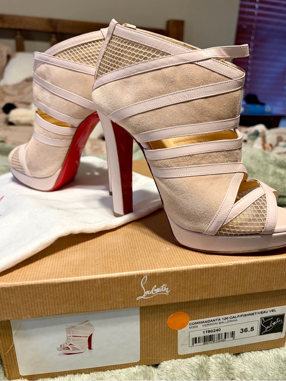 Christian Louboutin Blush Pink Suede Strappy Platform Booties with Red Sole
